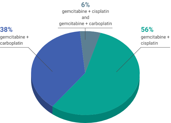 Graph Showing First-Line Chemotherapy Regimen: 38% Gemcitabine + Carboplatin, 6% Gemcitabine + Cisplatin and Gemcitabine + Carboplatin, 56% Gemcitabine + Cisplatin