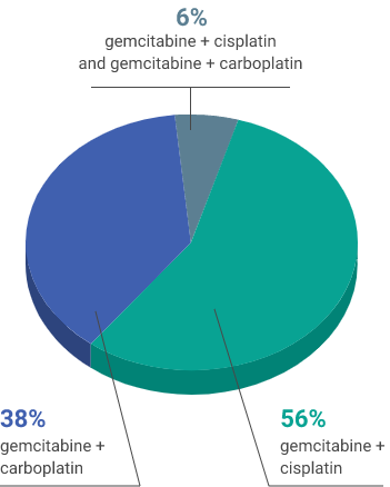 Graph Showing First-Line Chemotherapy Regimen: 38% Gemcitabine + Carboplatin, 6% Gemcitabine + Cisplatin and Gemcitabine + Carboplatin, 56% Gemcitabine + Cisplatin
